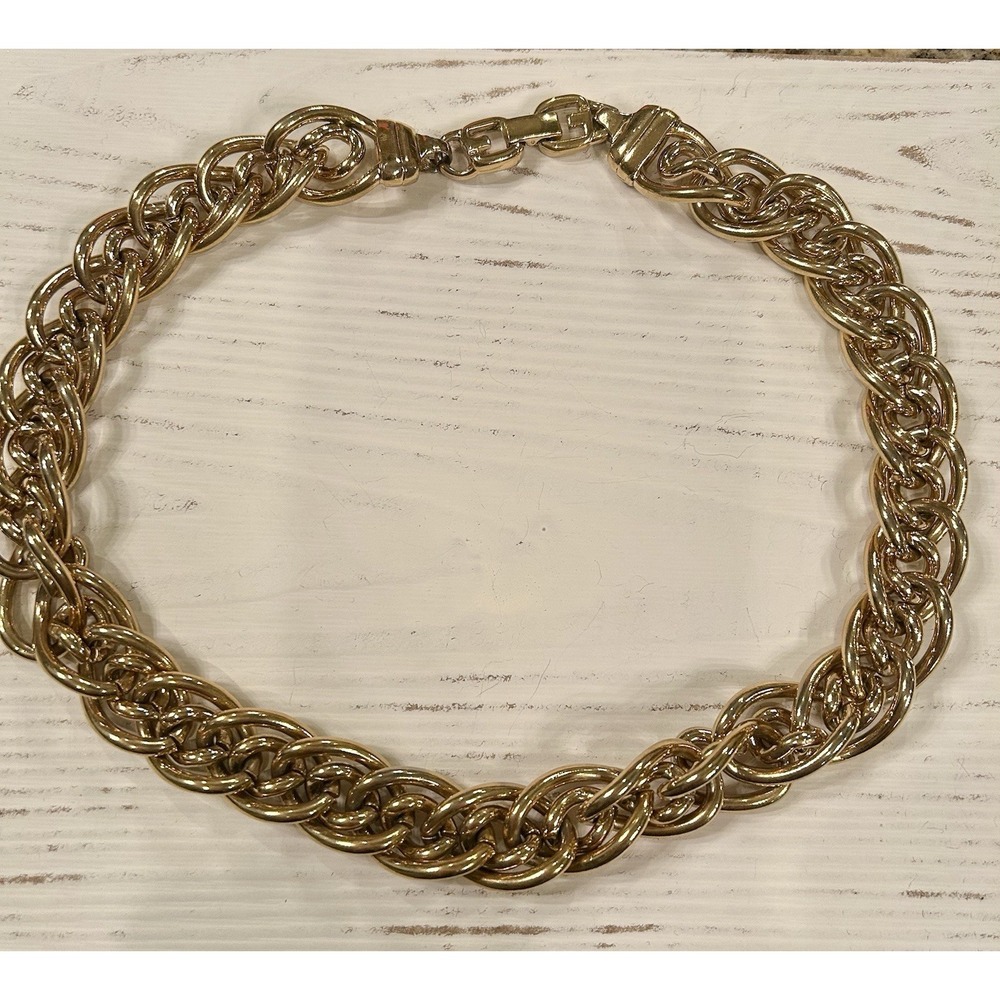 Vintage Givenchy Chunky‎ Link Necklace 80s Gold Double G Clasp Runway Statement